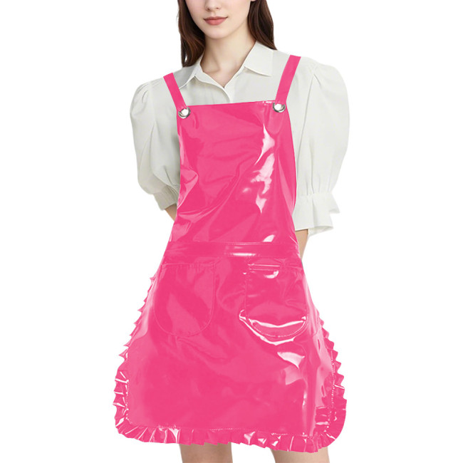 Wetlook PVC Leather Strap Ruffle Apron Womens Mens Club Glossy Apron with Two Pockets for Maid Nurse Artists and Hairdressers