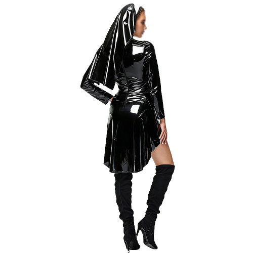 Womens Sexy PU Glossy Leather Nun Dress Three-piece Set Party Cosplay Anime Halloween Dress Up Costume Thongs Head Scarf Outfits