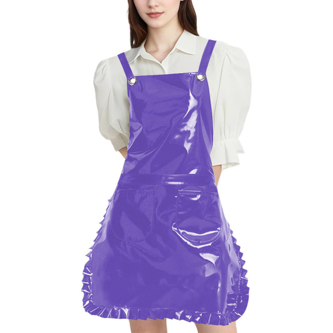 Wetlook PVC Leather Strap Ruffle Apron Womens Mens Club Glossy Apron with Two Pockets for Maid Nurse Artists and Hairdressers