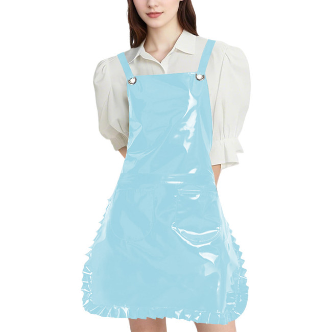 Wetlook PVC Leather Strap Ruffle Apron Womens Mens Club Glossy Apron with Two Pockets for Maid Nurse Artists and Hairdressers