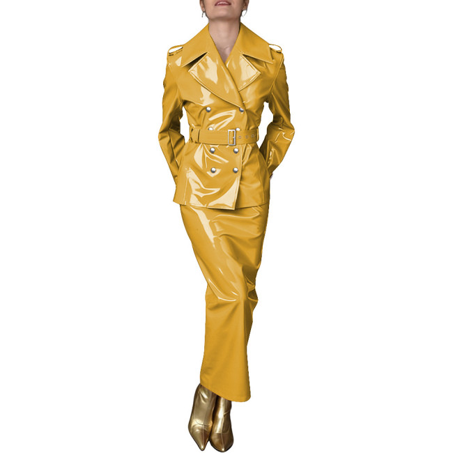 Lady Shiny PVC Leather 2 Piece Party Set Double Breasted Belted Trench Coat High Waist Cocktail Maxi Skirt Wetlook Streetwear