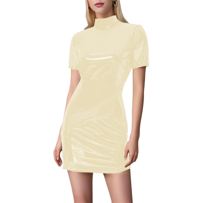 Plus Size Sexy Mini Tight Dress Glossy PVC Short Sleeve Street Style Bodycon Dresses Women's Casual Fashion Slim Fit Dress 8XL