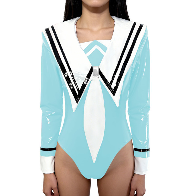 Chic Anime Shiny Party Bodysuit Glossy PVC Leather Sailor Collar Rompers Long Sleeves School Uniform Halloween Cosplay Outfit