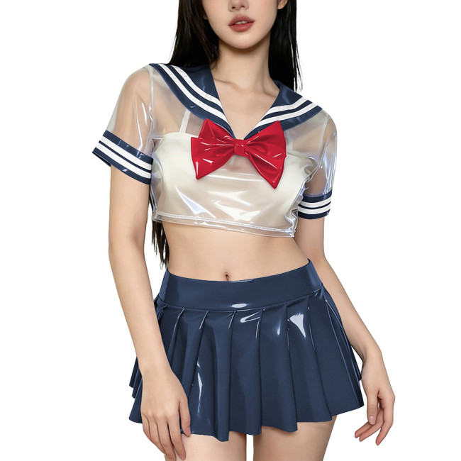 Novelty Clear PVC Sailor Collar Crop Top Shiny Pleated Mini Skirt Club Cosplay Student Uniform Sissy Themed Party Sailor Uniform