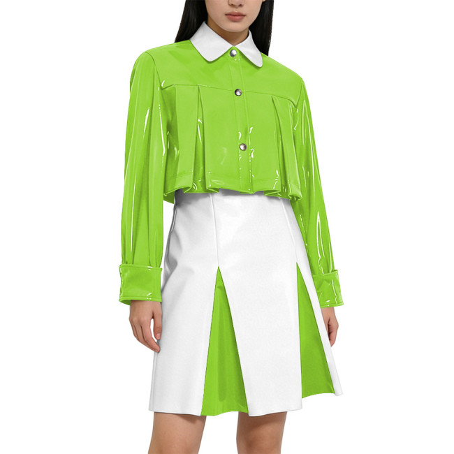 Y2K Shiny PVC Glossy Contrast Color Short Dress Sets High Waist Cocktail Skirt Outfit Elegant Preppy Cosplay Ladies Bodycon Party Dresses