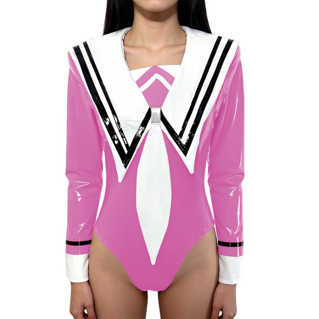 Chic Anime Shiny Party Bodysuit Glossy PVC Leather Sailor Collar Rompers Long Sleeves School Uniform Halloween Cosplay Outfit