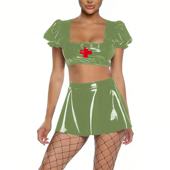 Womens Shiny PVC Nurse Uniform Short Puff Sleeve Crop Top with Flared Mini Skirt Two-Piece Set for Cosplay Themed Party Dress Up