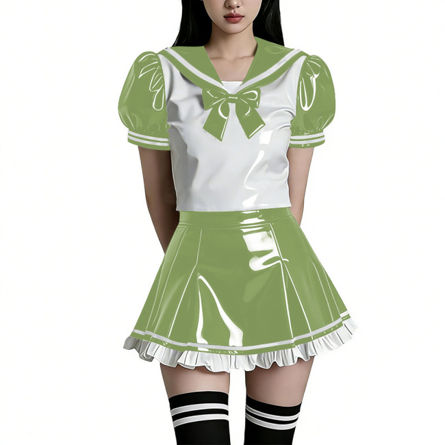 Shiny PVC Wetlook Sailor Uniform Set Glossy Vinyl Puff Sleeve Rave Party Lolita Bow Top Ruffled Mini Skirt Two Piece Cosplay Set
