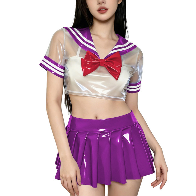 Novelty Clear PVC Sailor Collar Crop Top Shiny Pleated Mini Skirt Club Cosplay Student Uniform Sissy Themed Party Sailor Uniform