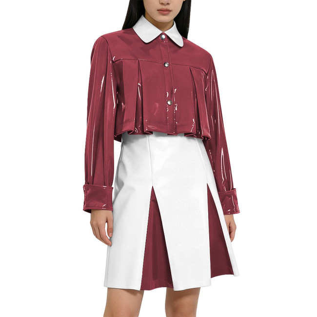 Y2K Shiny PVC Glossy Contrast Color Short Dress Sets High Waist Cocktail Skirt Outfit Elegant Preppy Cosplay Ladies Bodycon Party Dresses