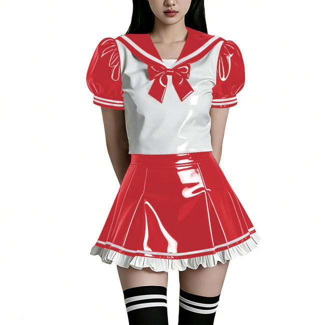 Shiny PVC Wetlook Sailor Uniform Set Glossy Vinyl Puff Sleeve Rave Party Lolita Bow Top Ruffled Mini Skirt Two Piece Cosplay Set