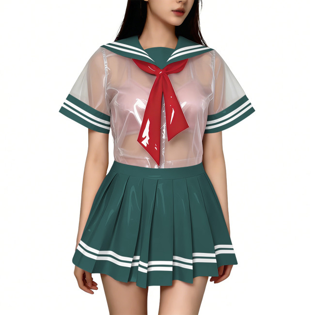 Exotic Sexy Short Transparent Sailor Uniform Wetlook PVC Short Sleeve Top with Pleated Mini Skirts  Cosplay JK Student Costume