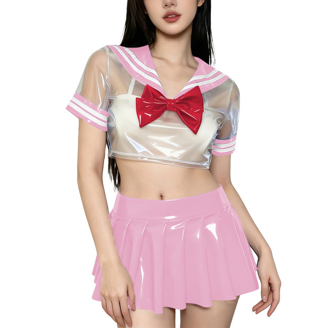 Novelty Clear PVC Sailor Collar Crop Top Shiny Pleated Mini Skirt Club Cosplay Student Uniform Sissy Themed Party Sailor Uniform