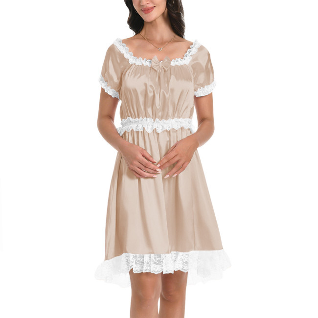 Womens Mens Smooth Satin Flared Short Dresses Short Sleeve French Babydoll Dress with Ruffled Lace Cross Dresser Pajama Dress