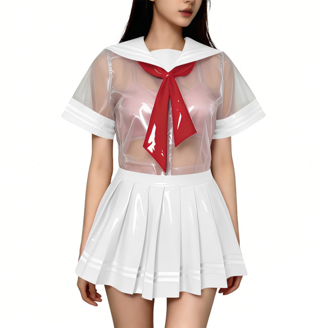 Exotic Sexy Short Transparent Sailor Uniform Wetlook PVC Short Sleeve Top with Pleated Mini Skirts  Cosplay JK Student Costume