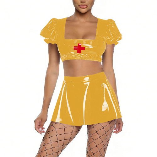 Womens Shiny PVC Nurse Uniform Short Puff Sleeve Crop Top with Flared Mini Skirt Two-Piece Set for Cosplay Themed Party Dress Up