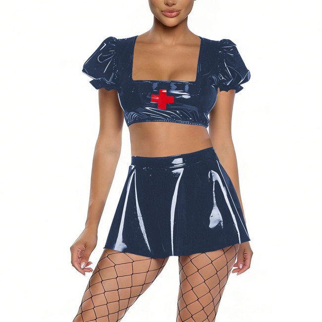 Womens Shiny PVC Nurse Uniform Short Puff Sleeve Crop Top with Flared Mini Skirt Two-Piece Set for Cosplay Themed Party Dress Up