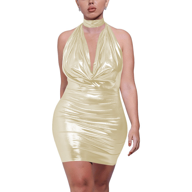 Plus Size Women's Liquid Metallic Halter Dress Sleeveless Deep V Backless Bodycon Mini Dress Ladies Shiny Party Club Sexy Dress