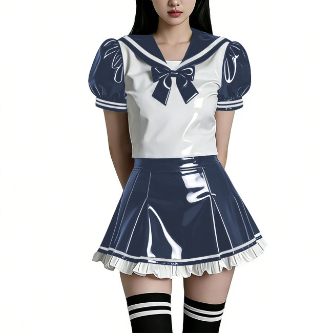 Shiny PVC Wetlook Sailor Uniform Set Glossy Vinyl Puff Sleeve Rave Party Lolita Bow Top Ruffled Mini Skirt Two Piece Cosplay Set