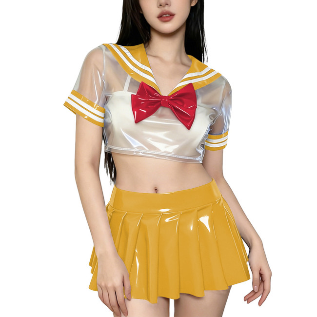 Novelty Clear PVC Sailor Collar Crop Top Shiny Pleated Mini Skirt Club Cosplay Student Uniform Sissy Themed Party Sailor Uniform