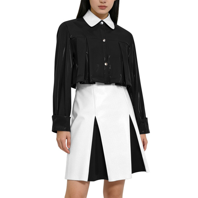 Y2K Shiny PVC Glossy Contrast Color Short Dress Sets High Waist Cocktail Skirt Outfit Elegant Preppy Cosplay Ladies Bodycon Party Dresses