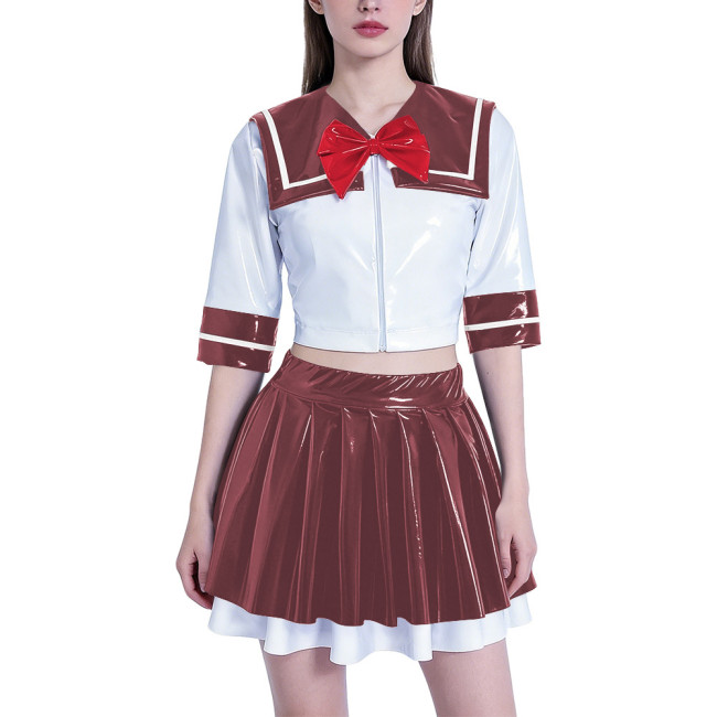 Anime School Girl Cosplay Dress Set Women PVC Latex-look Sailor Collar Crop Top with Flared Pleated Skirt Themed Party Outfit
