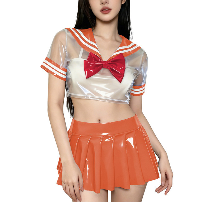 Novelty Clear PVC Sailor Collar Crop Top Shiny Pleated Mini Skirt Club Cosplay Student Uniform Sissy Themed Party Sailor Uniform