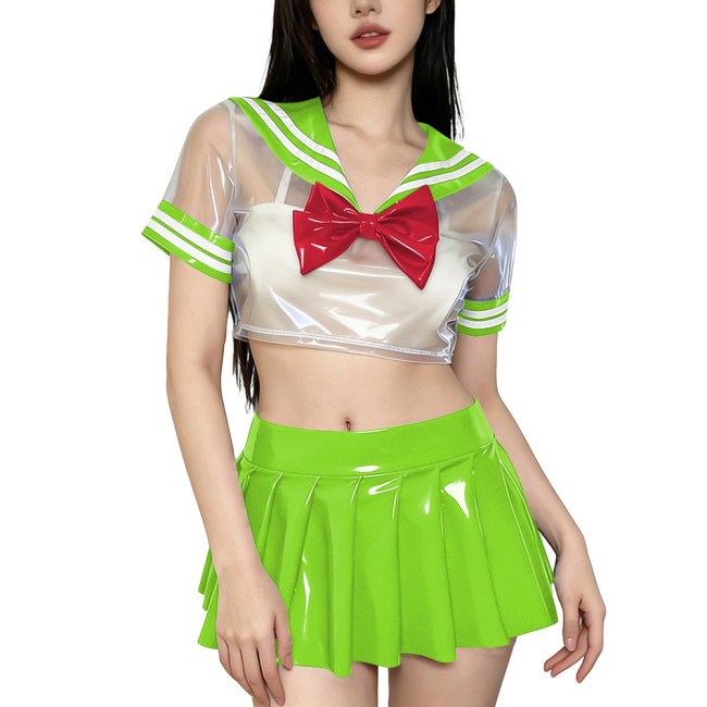 Novelty Clear PVC Sailor Collar Crop Top Shiny Pleated Mini Skirt Club Cosplay Student Uniform Sissy Themed Party Sailor Uniform