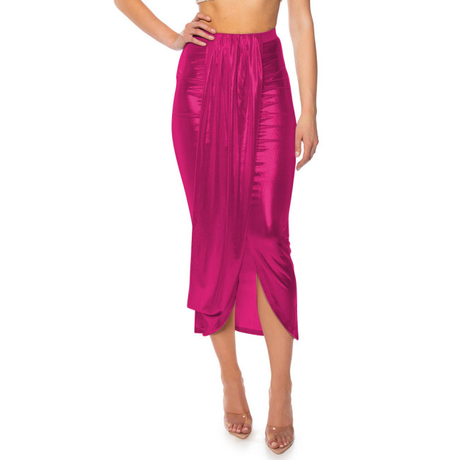 Fashion Night Shine Draped Gathered Midi Skirt Liquid Metallic Plus Size Skirts Sexy High Waist Bodycon Skirts Womens Streetwear