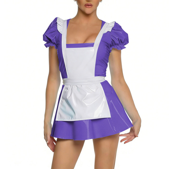 Glossy Party Cosplay Maid Fancy Dress Puff Short Sleeve PVC Shiy A-line Mini Dress Outfit Sissy Maid Outfit Anime Sexy Uniform