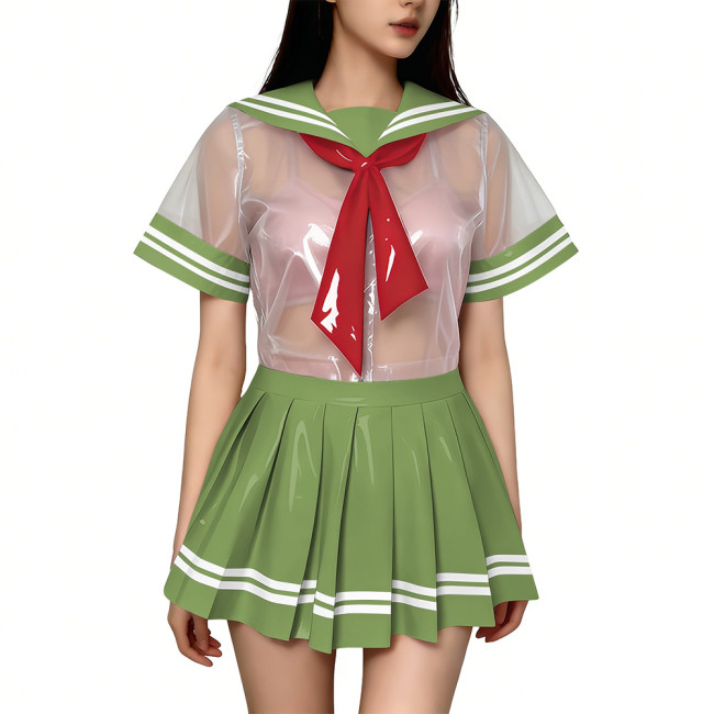Exotic Sexy Short Transparent Sailor Uniform Wetlook PVC Short Sleeve Top with Pleated Mini Skirts  Cosplay JK Student Costume
