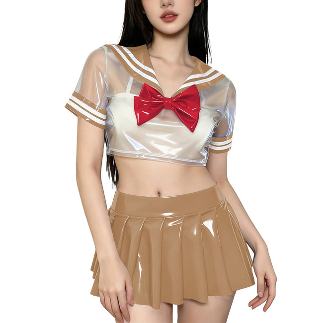 Novelty Clear PVC Sailor Collar Crop Top Shiny Pleated Mini Skirt Club Cosplay Student Uniform Sissy Themed Party Sailor Uniform