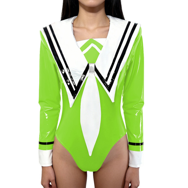 Chic Anime Shiny Party Bodysuit Glossy PVC Leather Sailor Collar Rompers Long Sleeves School Uniform Halloween Cosplay Outfit