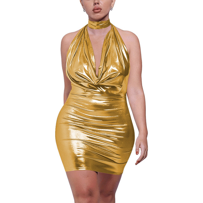 Plus Size Women's Liquid Metallic Halter Dress Sleeveless Deep V Backless Bodycon Mini Dress Ladies Shiny Party Club Sexy Dress