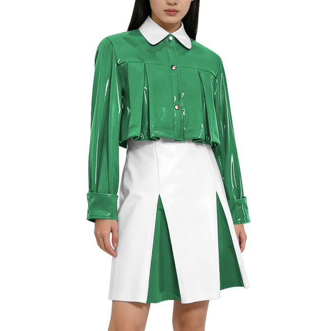 Y2K Shiny PVC Glossy Contrast Color Short Dress Sets High Waist Cocktail Skirt Outfit Elegant Preppy Cosplay Ladies Bodycon Party Dresses
