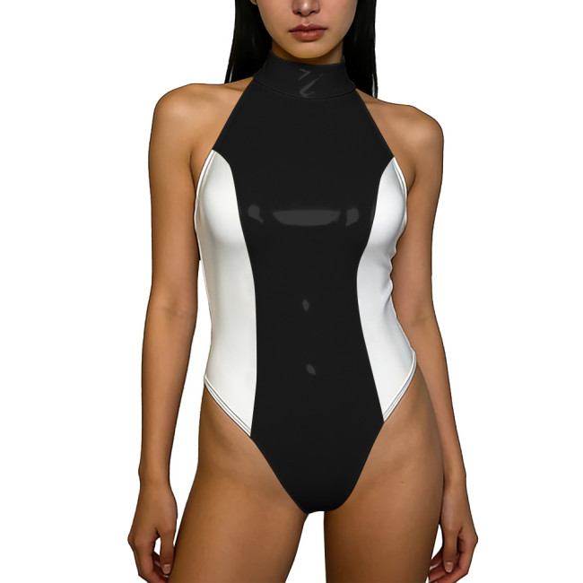 Sexy PVC Halter Neck Bodysuit for Women Glossy Patchwork Back Zip One Piece Rompers Wet Look Lingerie Rave Party Cosplay Leotard
