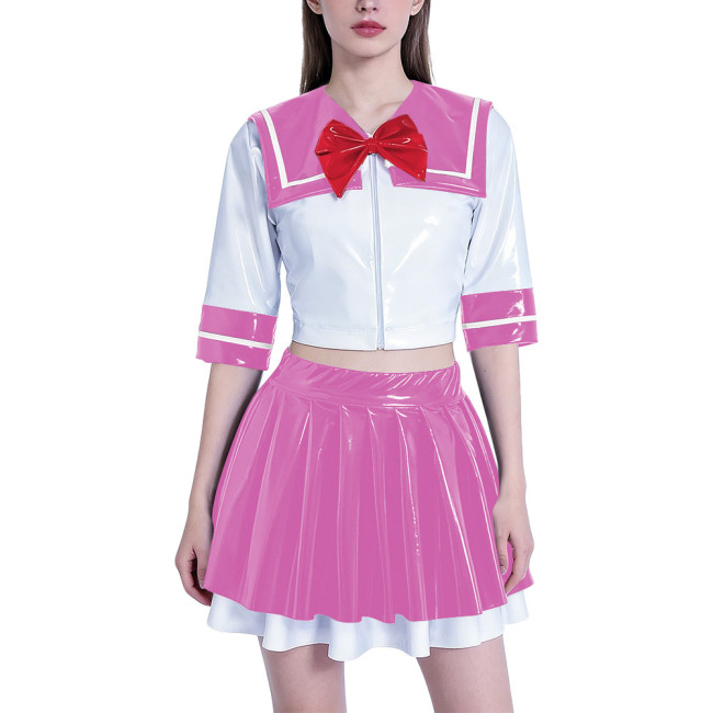 Anime School Girl Cosplay Dress Set Women PVC Latex-look Sailor Collar Crop Top with Flared Pleated Skirt Themed Party Outfit