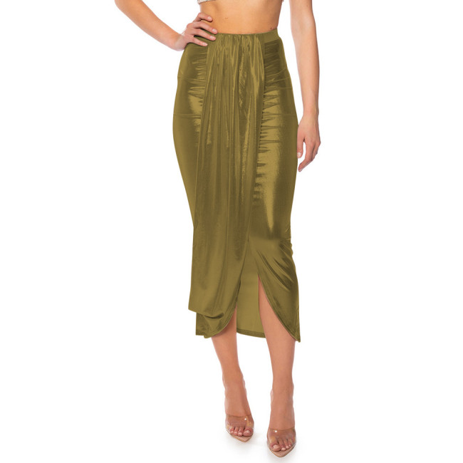 Fashion Night Shine Draped Gathered Midi Skirt Liquid Metallic Plus Size Skirts Sexy High Waist Bodycon Skirts Womens Streetwear