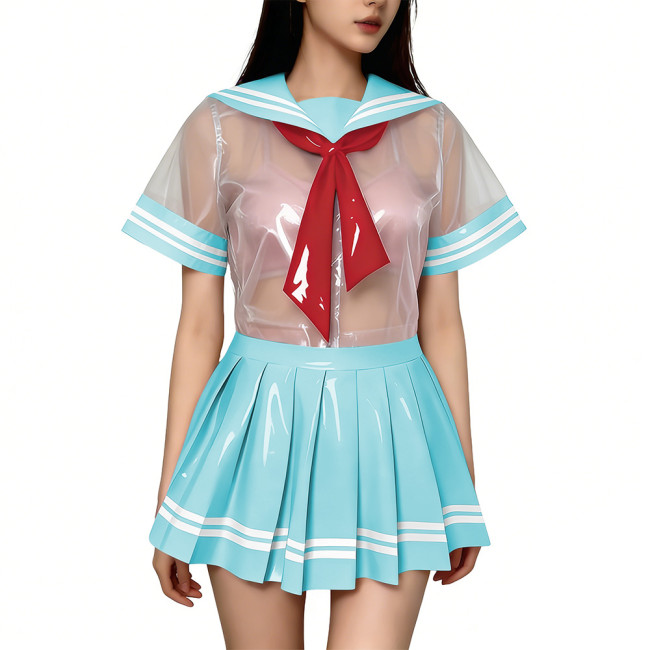 Exotic Sexy Short Transparent Sailor Uniform Wetlook PVC Short Sleeve Top with Pleated Mini Skirts  Cosplay JK Student Costume