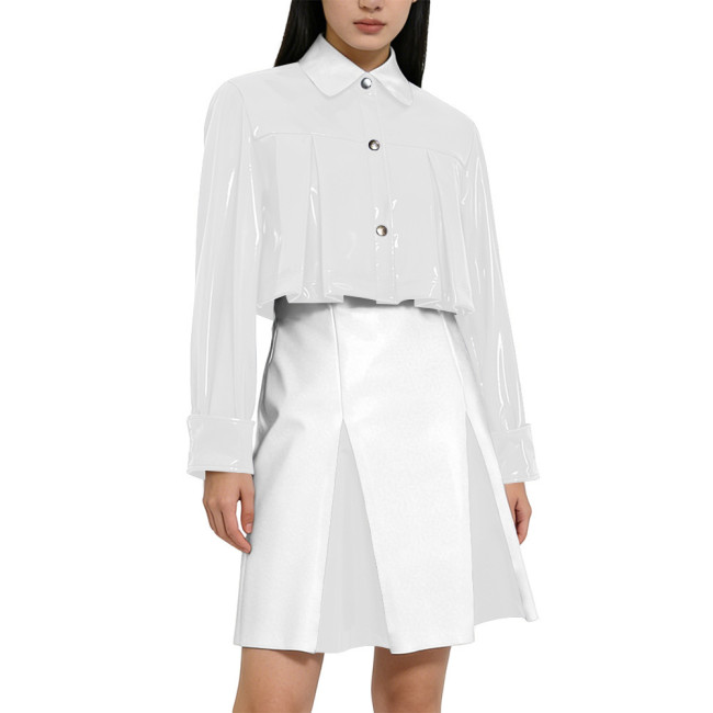 Y2K Shiny PVC Glossy Contrast Color Short Dress Sets High Waist Cocktail Skirt Outfit Elegant Preppy Cosplay Ladies Bodycon Party Dresses