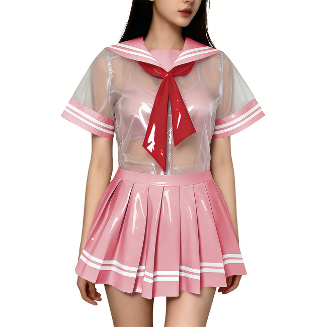 Exotic Sexy Short Transparent Sailor Uniform Wetlook PVC Short Sleeve Top with Pleated Mini Skirts  Cosplay JK Student Costume