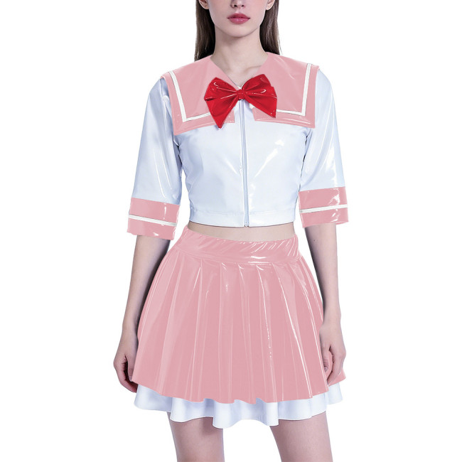 Anime School Girl Cosplay Dress Set Women PVC Latex-look Sailor Collar Crop Top with Flared Pleated Skirt Themed Party Outfit