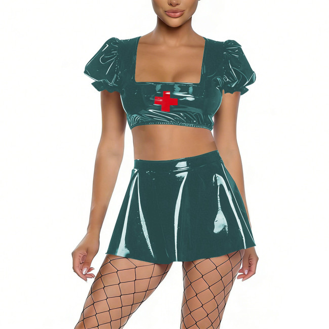 Womens Shiny PVC Nurse Uniform Short Puff Sleeve Crop Top with Flared Mini Skirt Two-Piece Set for Cosplay Themed Party Dress Up