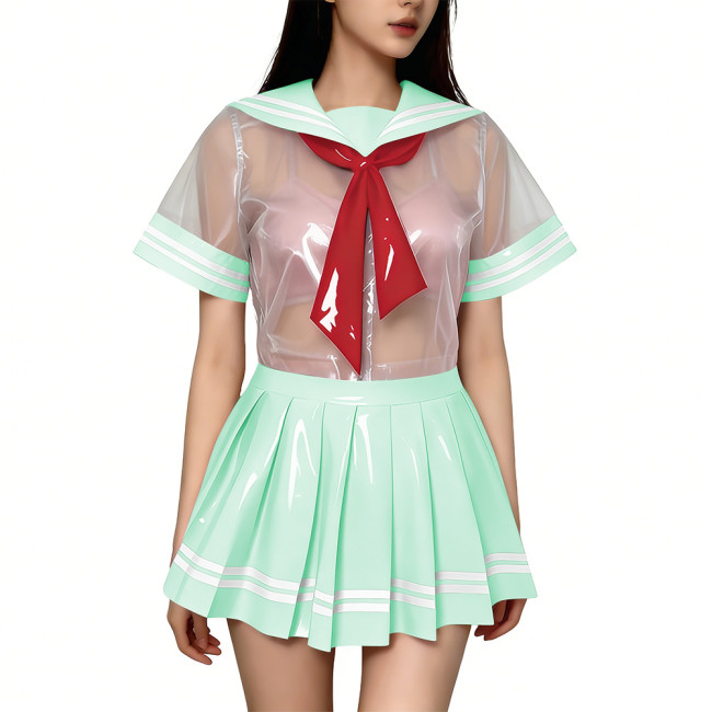 Exotic Sexy Short Transparent Sailor Uniform Wetlook PVC Short Sleeve Top with Pleated Mini Skirts  Cosplay JK Student Costume
