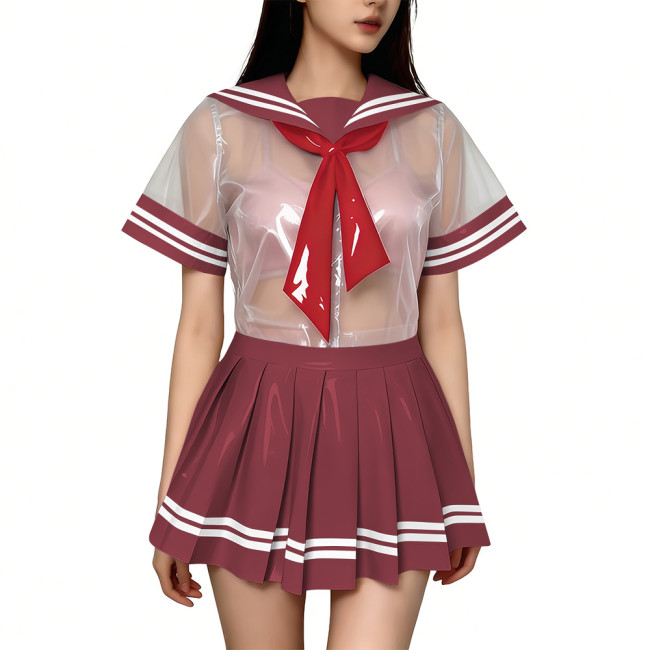 Exotic Sexy Short Transparent Sailor Uniform Wetlook PVC Short Sleeve Top with Pleated Mini Skirts  Cosplay JK Student Costume