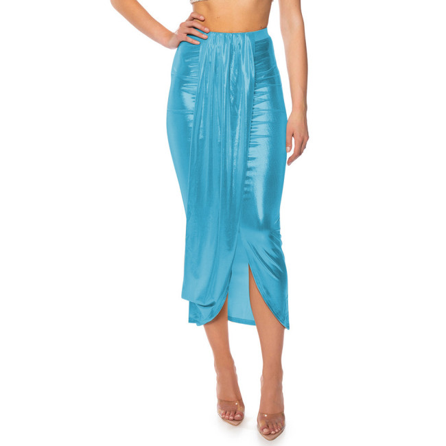 Fashion Night Shine Draped Gathered Midi Skirt Liquid Metallic Plus Size Skirts Sexy High Waist Bodycon Skirts Womens Streetwear