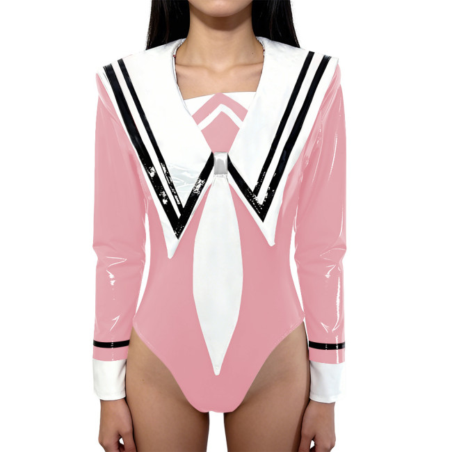 Chic Anime Shiny Party Bodysuit Glossy PVC Leather Sailor Collar Rompers Long Sleeves School Uniform Halloween Cosplay Outfit