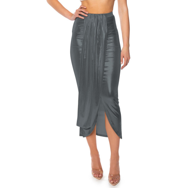 Fashion Night Shine Draped Gathered Midi Skirt Liquid Metallic Plus Size Skirts Sexy High Waist Bodycon Skirts Womens Streetwear
