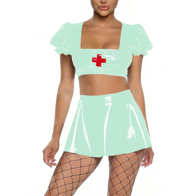 Womens Shiny PVC Nurse Uniform Short Puff Sleeve Crop Top with Flared Mini Skirt Two-Piece Set for Cosplay Themed Party Dress Up
