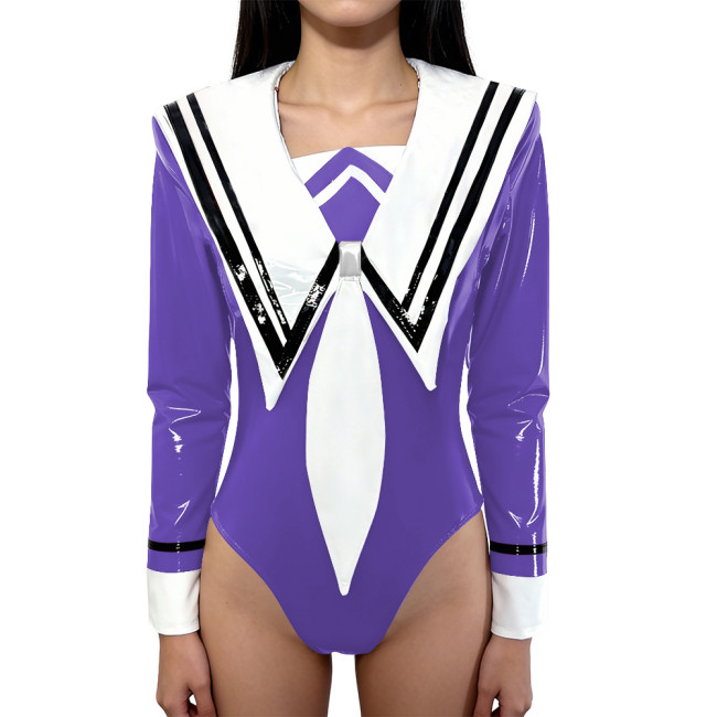 Chic Anime Shiny Party Bodysuit Glossy PVC Leather Sailor Collar Rompers Long Sleeves School Uniform Halloween Cosplay Outfit